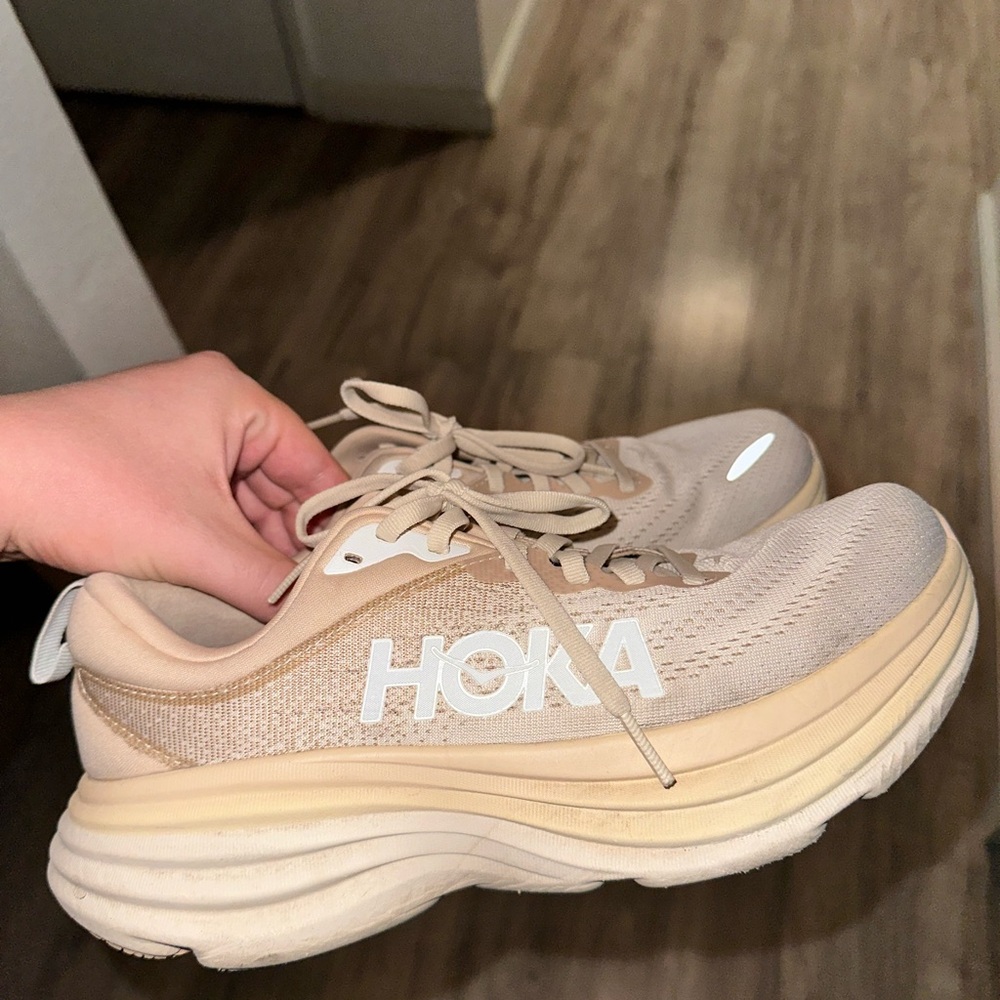 Hoka Cream Athletic Shoes with Cushioned Sole